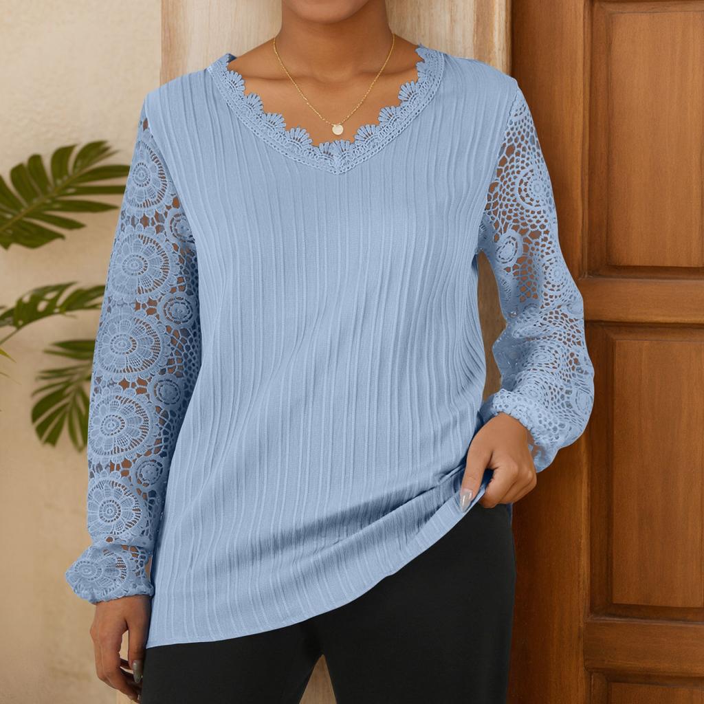 Lockeres T-Shirt mit V-Ausschnitt und Spitze im Patchwork-Stil für Damen, langärmelig, lässig