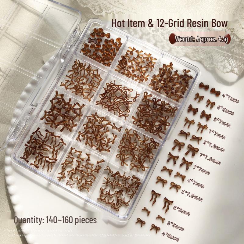 12-Grid Bow Nail Art Decoration Set - Maillard Brown Red Bowtie Drill Accessories