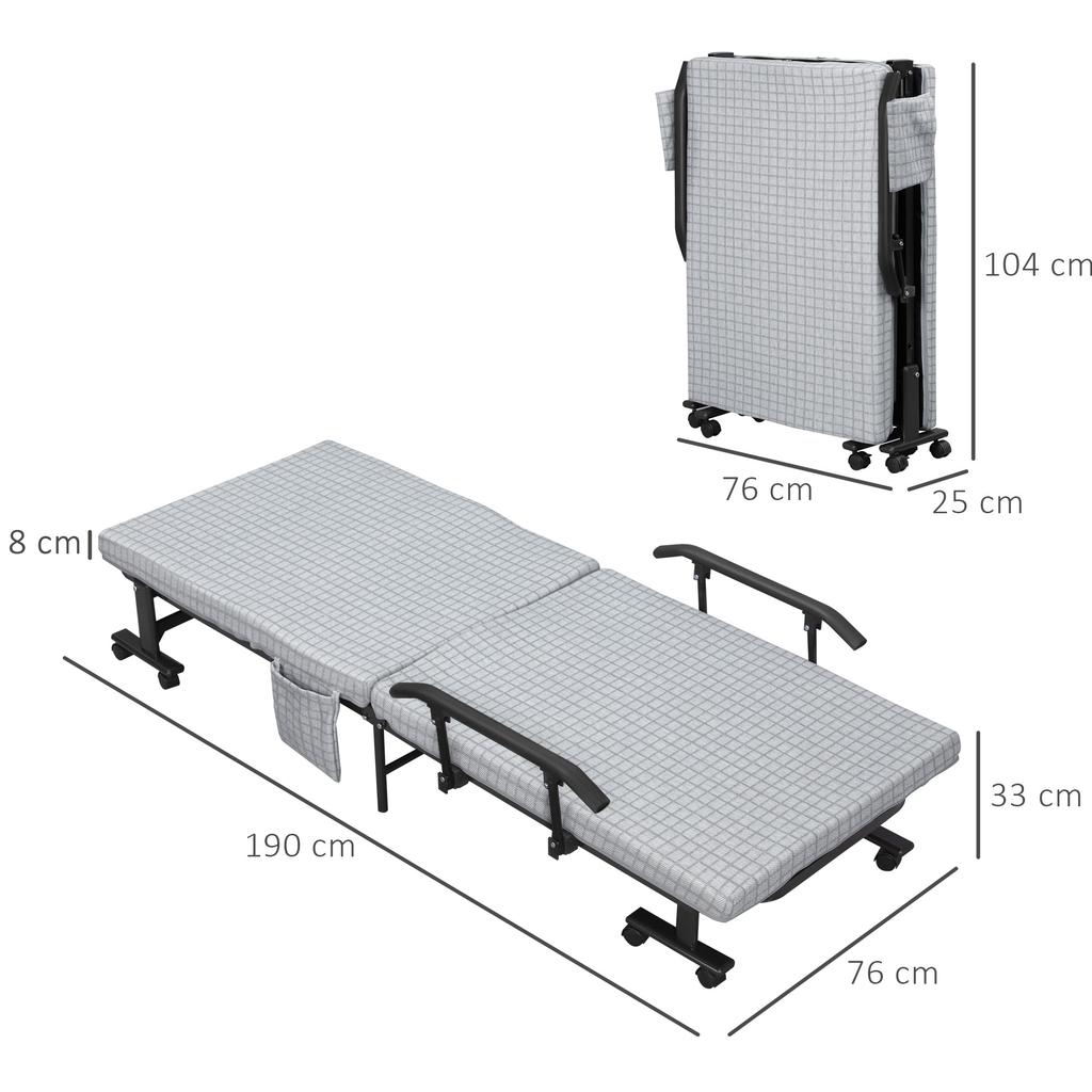 Folding Bed, Guest Bed, Reclining Backrest, Armrests, 8 Wheels, Steel Frame, Light Grey+Black, 190 X 76 X 33cm