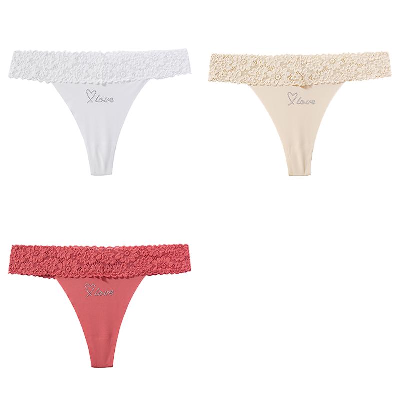 CINOON 3 Stück/Los Damen Sexy Niedrig geschnittener Tanga Spitze am Bund Nahtloser Slip Einfarbiger Leichter Atmungsaktiver Tanga