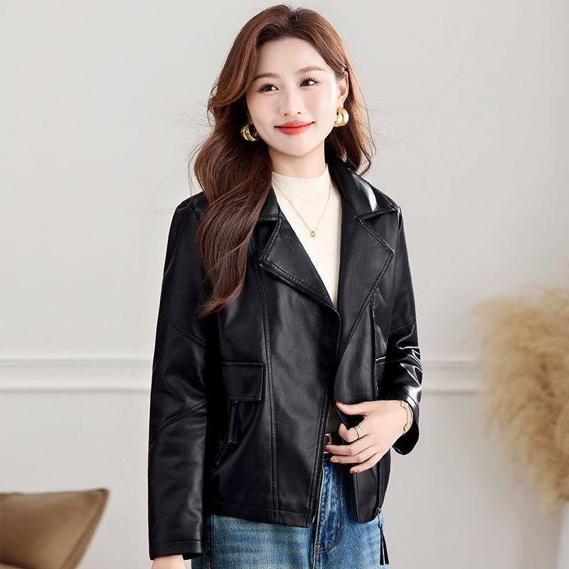 Women Pu Leather Jacket Notched Collar Slim Fit Casual Outerwear