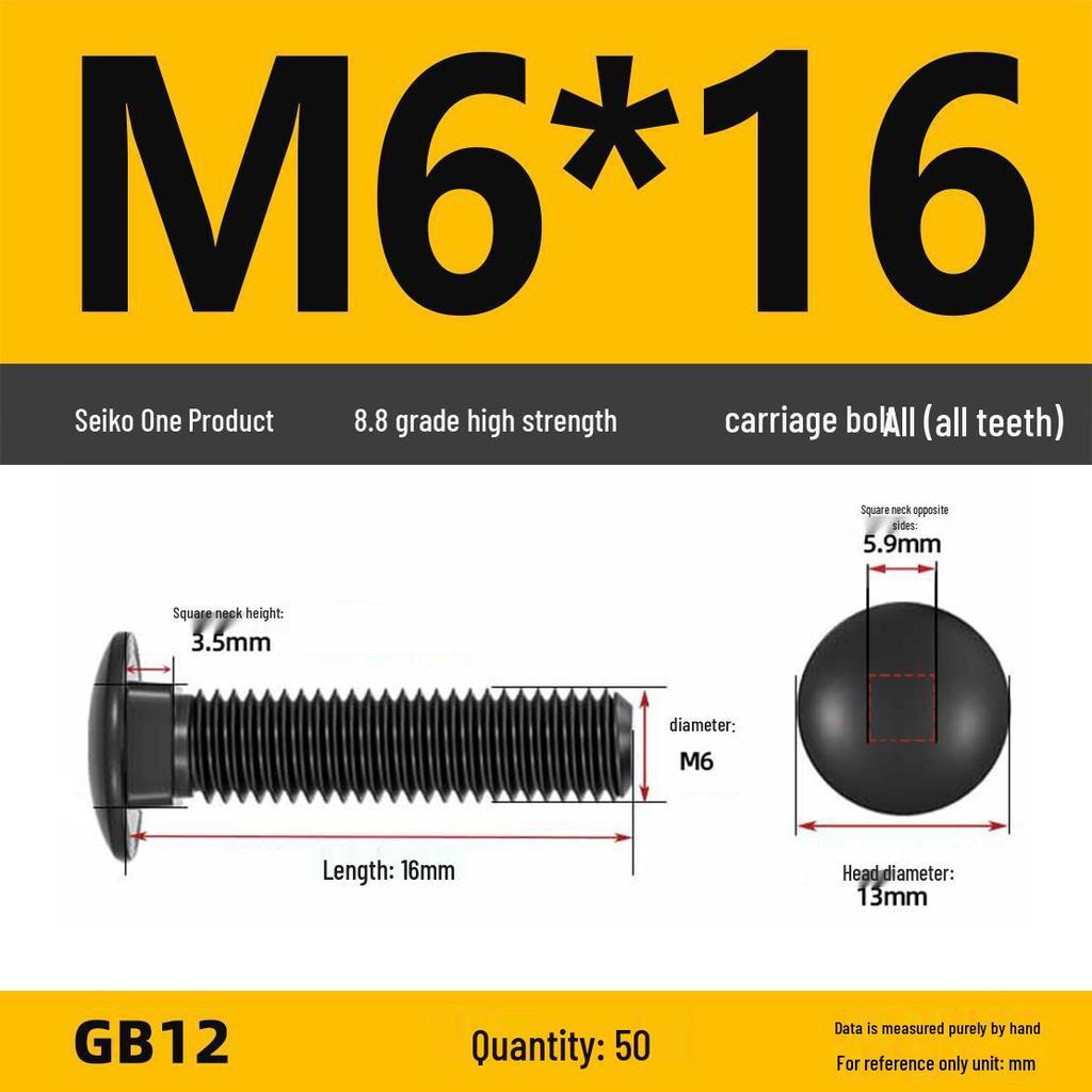 High-Strength Grade 8.8 Carriage Bolts: Round Head, Square Neck, M6-M16 Sizes for Shelf and Bridge Frames
