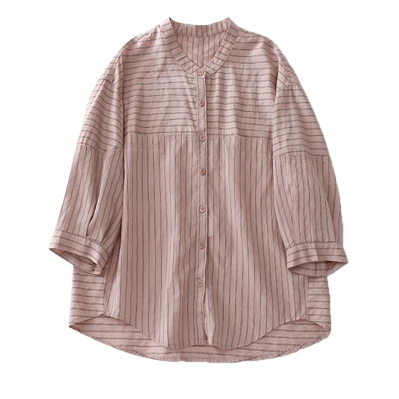 2025 Summer New Round Neck Seven-quarter Sleeve Striped Shirt Women's Casual Versatile Loose and Thin Cotton and Linen Cardigan Top