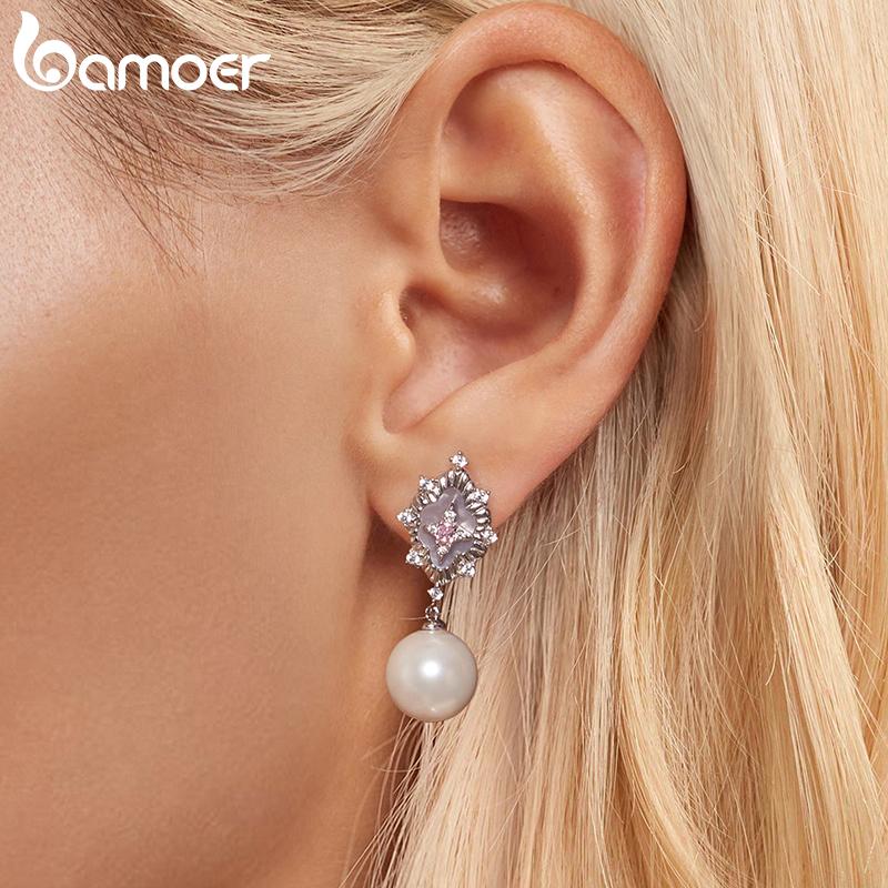 BAMOER Starlight Pink Shell Earrings for Women Trendy White Gold Plated Pearl Drop Dangle Earrings Wedding Party Daily Jewelry