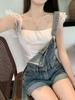 Retro Ruffled High-Waist Denim Overalls for Women - Summer Slimming Jumpsuit Shorts, American Style