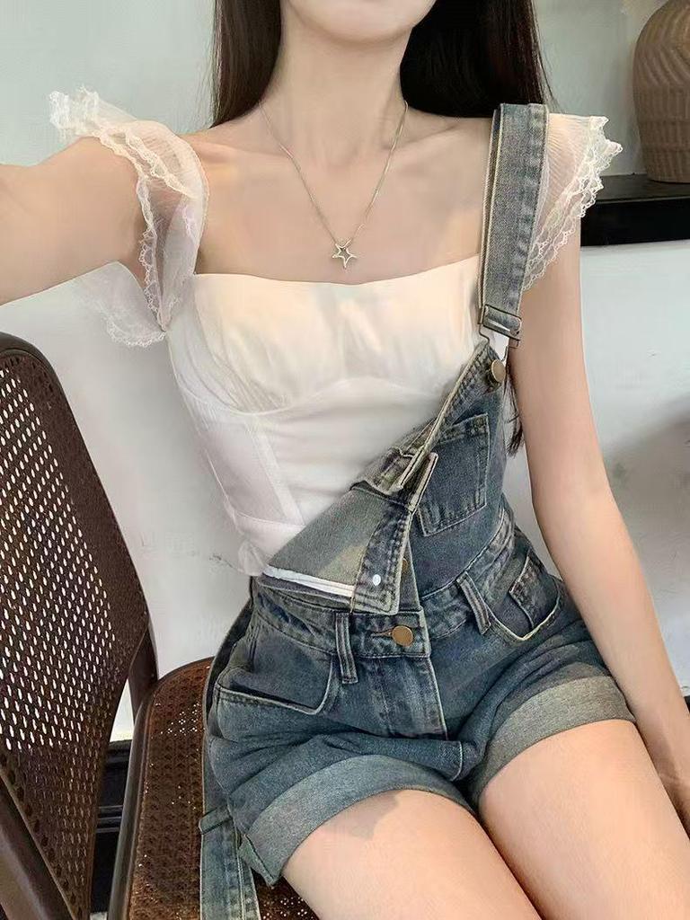 Retro Ruffled High-Waist Denim Overalls for Women - Summer Slimming Jumpsuit Shorts, American Style