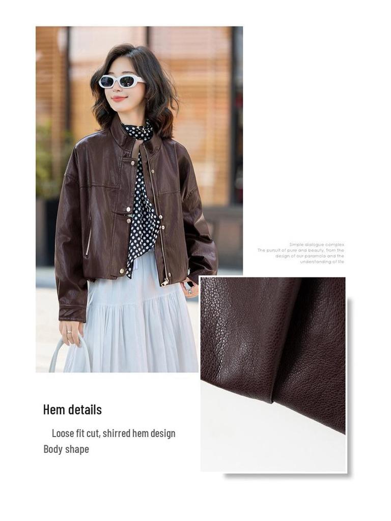 Genuine Lambskin Casual Leather Jacket 2025: Versatile Loose Stand Collar Outerwear for Petite Sizes