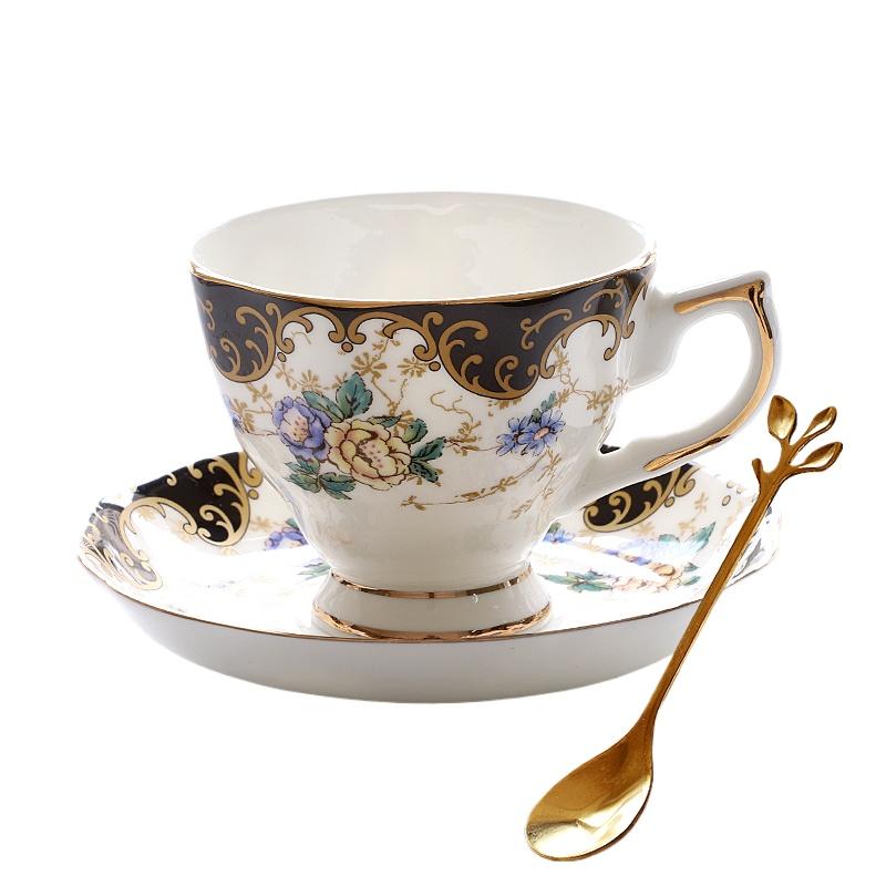 Floral Coffee Cup Sets 170ml Vintage Fine Bone China Tea Cup Spoon and Saucer Set Gold Trim Fine Dining and Table Decor