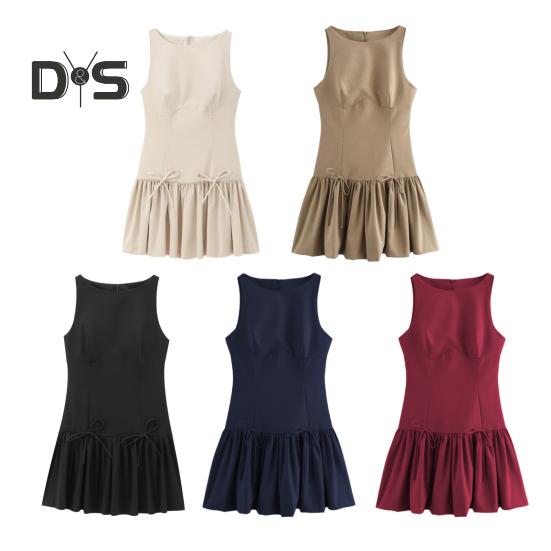 Women Summer Dress Sleeveless Bow Decor Pleated A-line Solid Color Mini Dress Back Zipper Closure O Neck Vest Dress for Dating Party