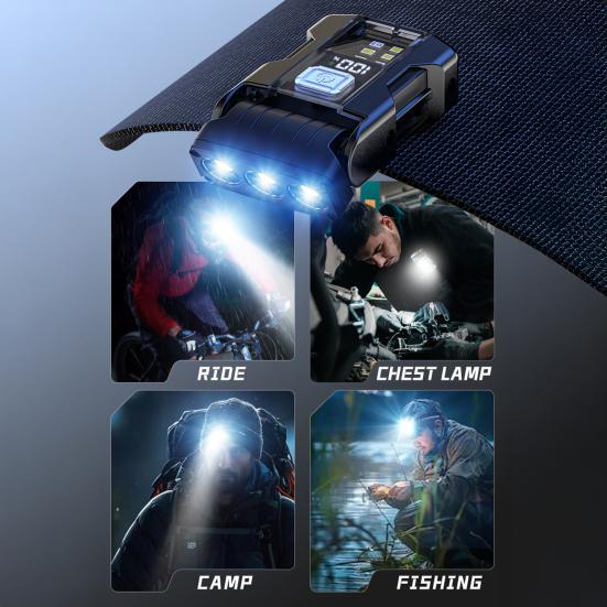 Clip-on Hat Light Digital Display Waterproof Modes Adjustable USB Rechargeable Mini Emergency Flashlight Magnetic Portable Outdoor Cap Clip Headlight