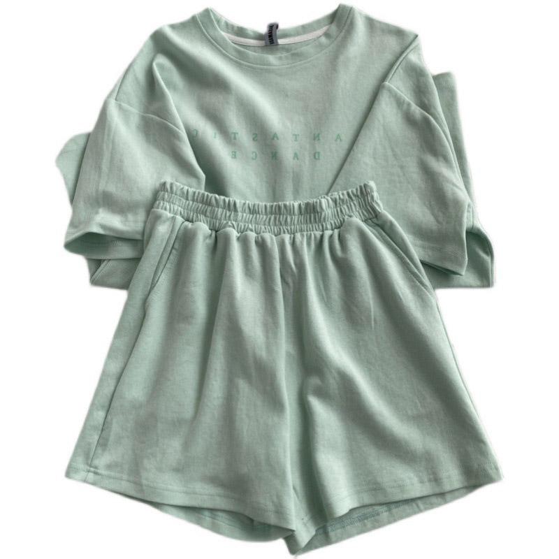 Women's Summer Casual Suit Korean Round Neck Letter Short Sleeve T-shirt Suit Thin Slim Loose Wide-leg Sports Shorts Two-piece Set Fitness Suit