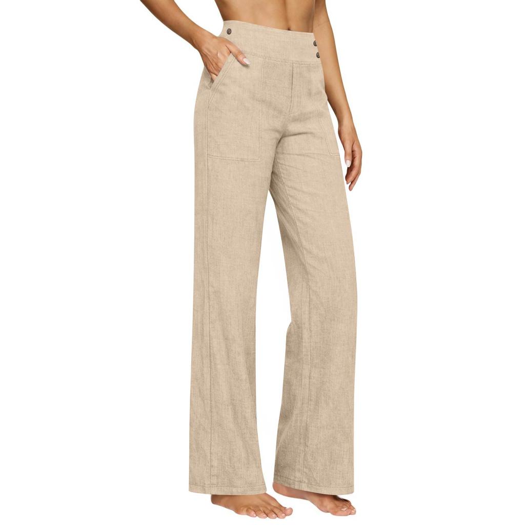 Women High Waist Wide Leg Linen Pants Loose Fit Trousers with Pockets Elastic Waistband Casual Straight Leg Design