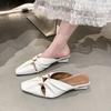 Square Toe Shallow Mouth Cutout Pleated Temperament Metal Slippers Summer New Baotou Pleated Low Heel Shoes