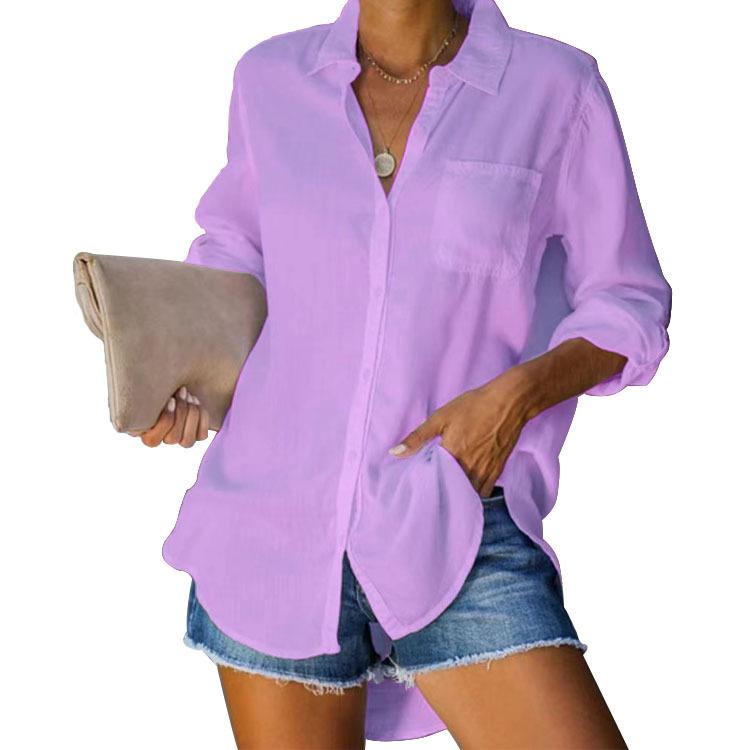 Women's Shirt Solid Colour Large Size Casual Loose Button Down Shirt