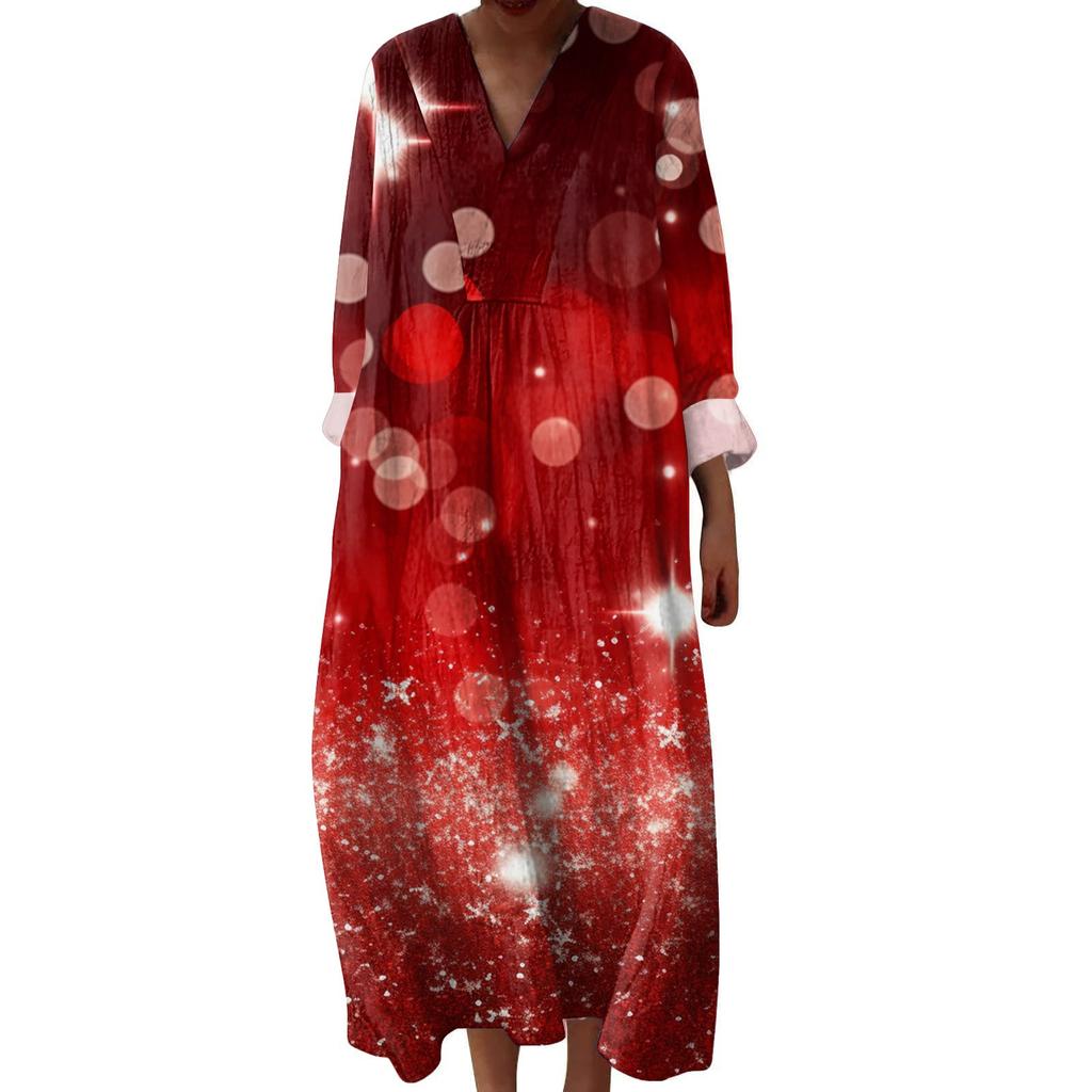 Women's Casual And Fashionable V-Veck Printed Long Sleeved Dress Long Sleeved Dress