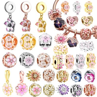 Handmade Pink Daisy Cherry Blossom Pendant Bead Charms for Sterling Silver 925 Bracelet Women Jewelry