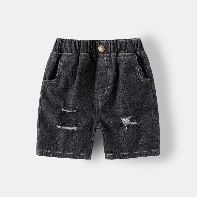 Summer Pure Color Middle Pants Patchwork Children s Clothing Ripped Denim Black 120
