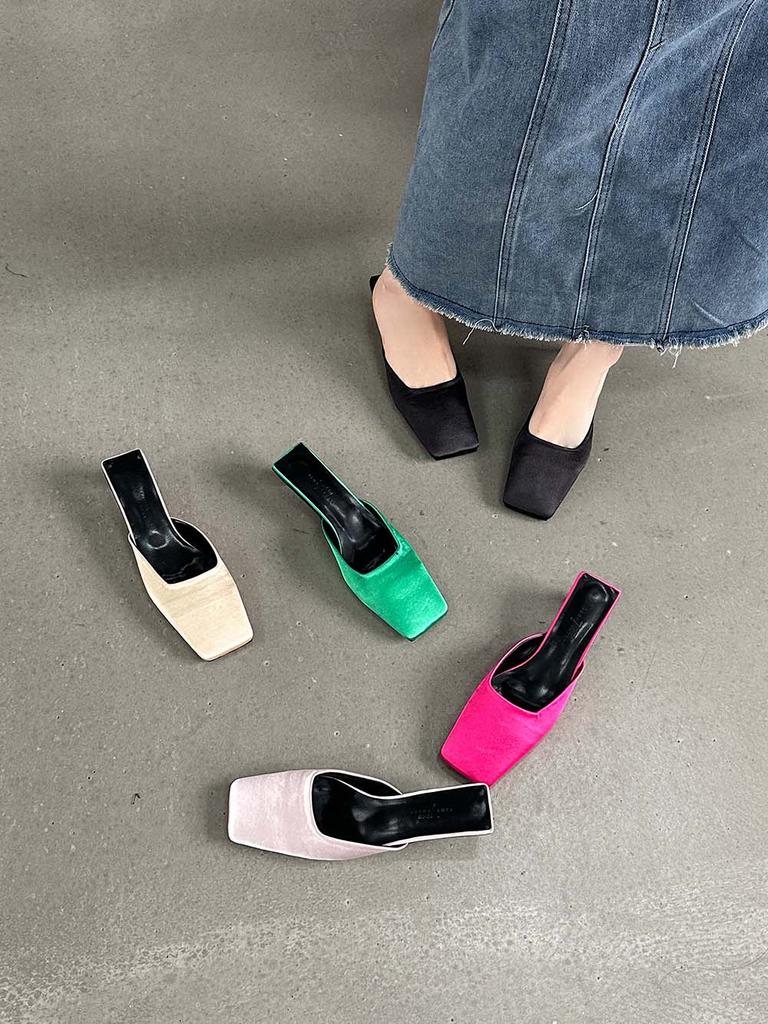 Mode Square Toe Frauen Slides Hausschuhe Sommer draußen Pantoletten Schuhe dünne niedrige Absätze grün schwarz beige rosa Rose flach Slip auf Pumps 39