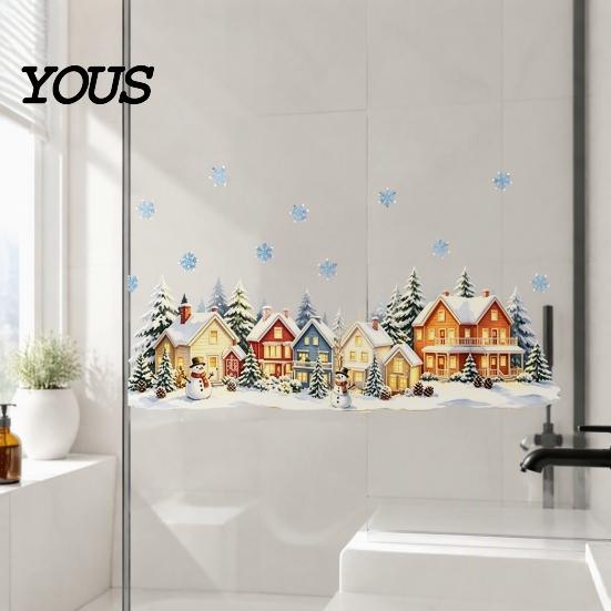 Seasonal Home Decoration Christmas Snow Village Static Window Cling, Glowing Warm Scenery Sticker Snowy Wall Decals for Glass, Snowman House