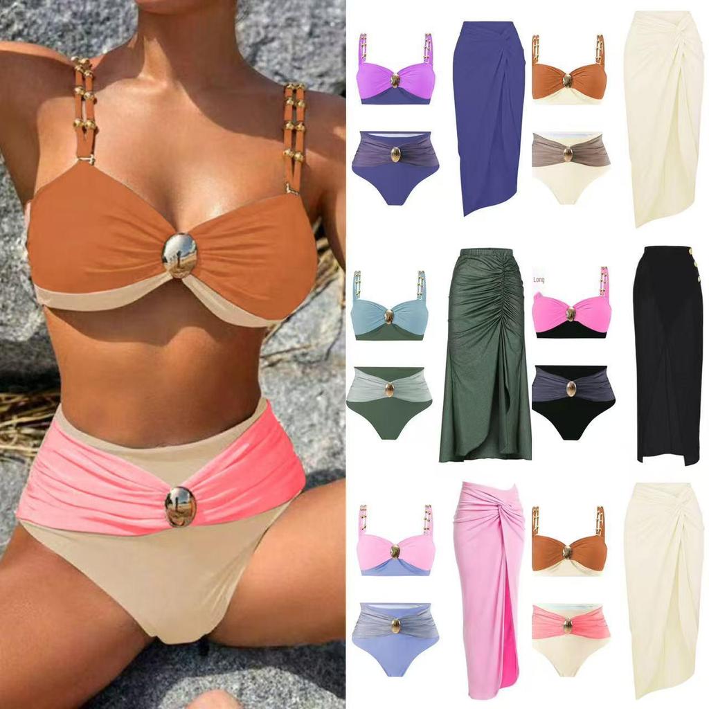 2025 Gold-Plated Color Block High Waist Bikini for Women