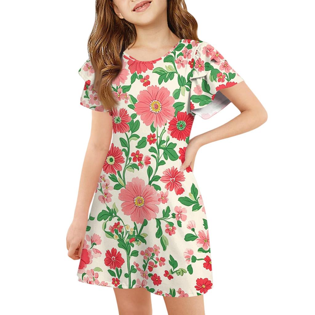 Girls' Ruffle Sleeve Dress - Round Neck Printed Sundress