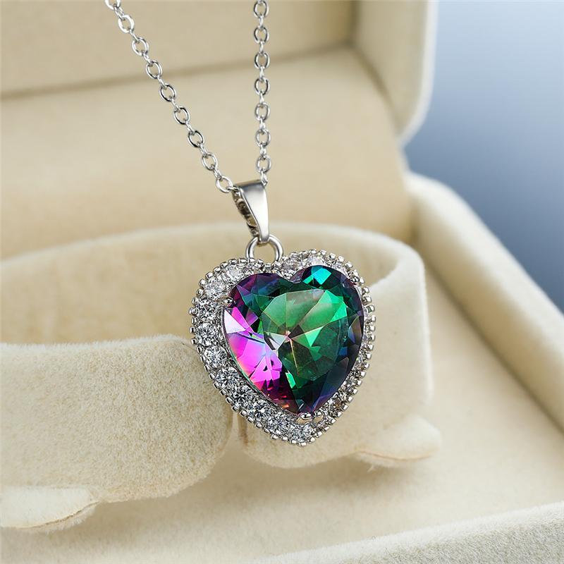 Rainbow Cubic Zirconia Heart Pendant Necklace Heart Stone Silver Clavicle Chain For Women Anniversary Jewelry