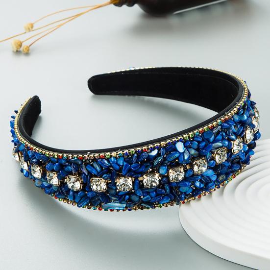 Women Headband Mini Stone Decor Rhinestone Rich Colors Wide Band Elastic Hair Decoration Anti-slip Turquoise Dating Hair Hoop Hair Accessories