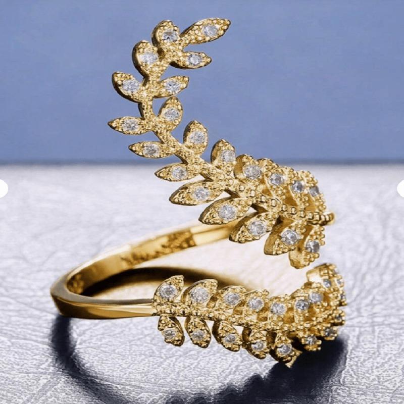Graceful Leaves Both End Of Open Ring Copper Color Girl Cocktail Party Rings Shine Crystal Zircon Fashion Women Jewelry
