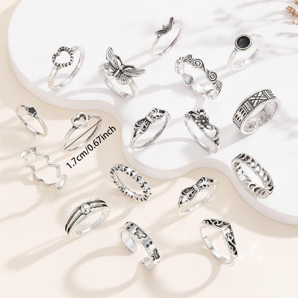 Exaggerated Butterfly Heart & Cross 17-Piece Ring Set with Retro Design