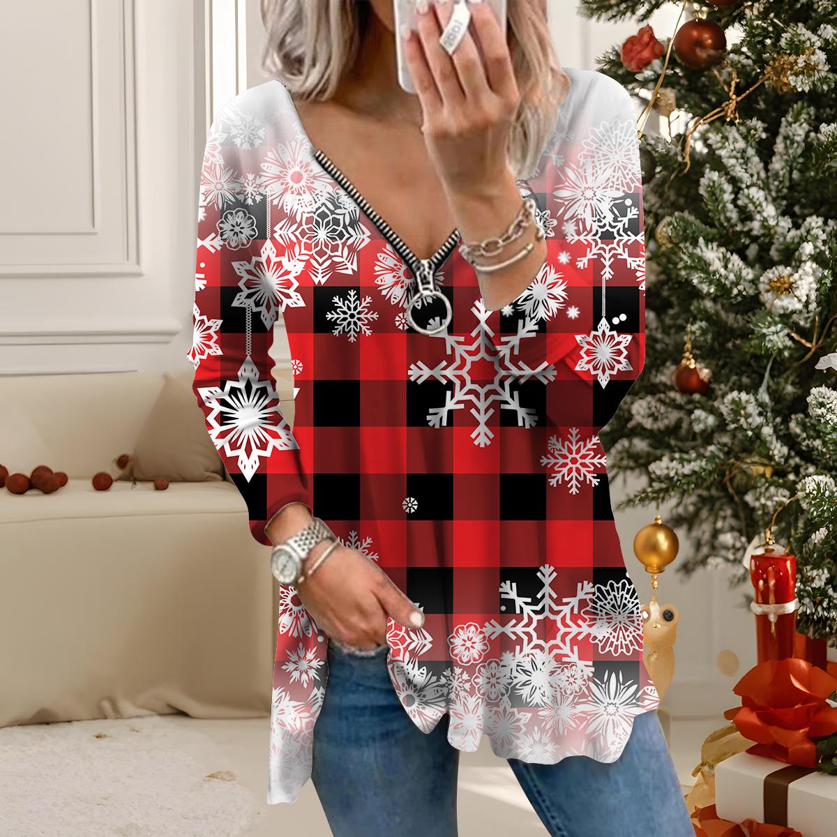 

Women Autumn Christmas Printed Long Sleeve T-Shirts Loose V-Neck Plus Size Tee Shirt Tops Comfy Blouse XS красный