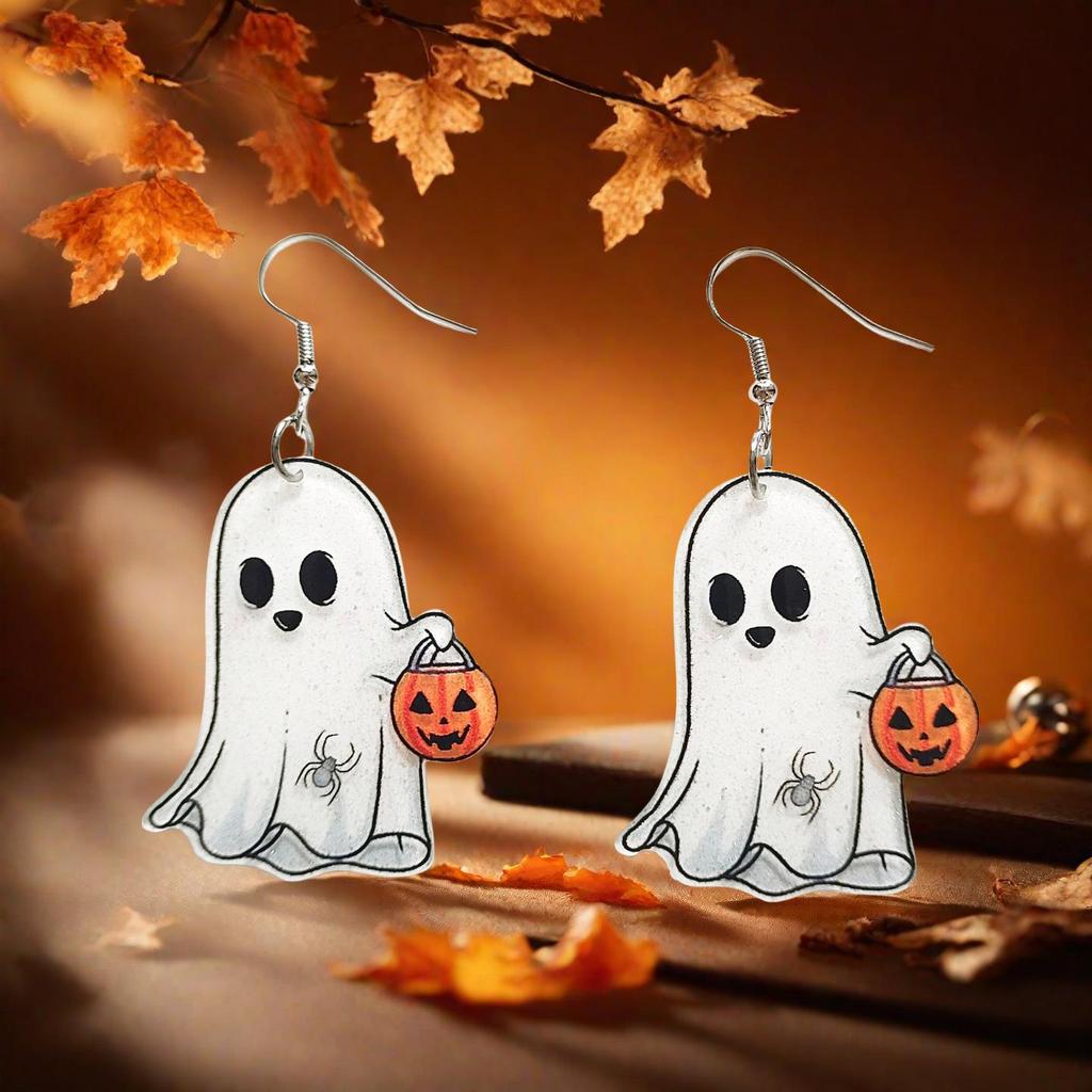 Halloween Cat and Ghost Acrylic Earrings - Quirky Pumpkin Design for Holiday Parties