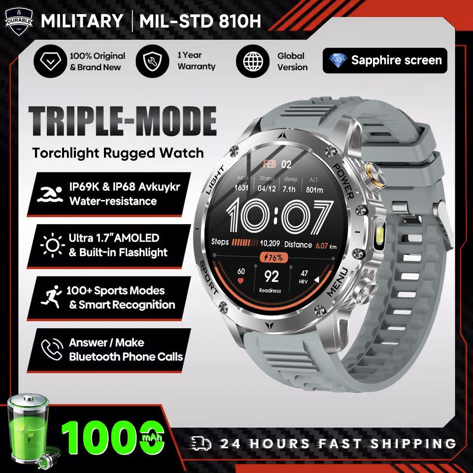 

New Men Military Outdoor Sports Smart Watch 1000mAh Battery 5ATM Waterproof LED Flashlight Heart Rate Fitness Smartwatches 1000mAh battery сірий