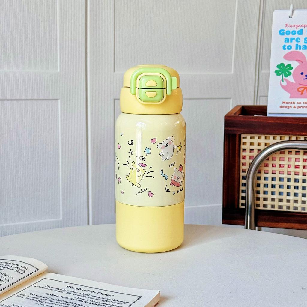 Niedliche Welpen Kinder Thermosbecher 316 Edelstahl Student Doppeltrink-Strohhalmbecher Verdickt Tragbar Tragbar Springbecher