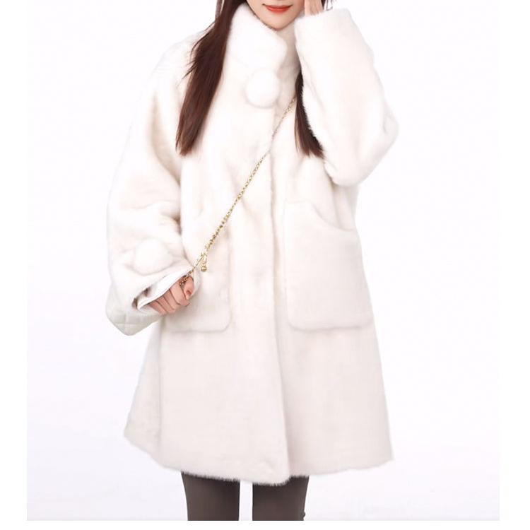 Lussuoso cappotto invernale da donna con collo alto e rifiniture in pelliccia di visone - Giacca lunga in lana