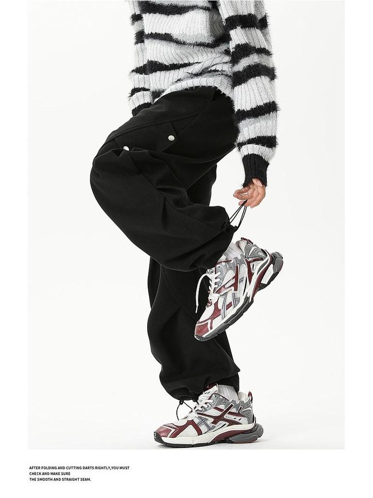 Men's Trendy Spring/Autumn Pleated Wide-Leg Overalls - Stylish, Handsome, and Casual Straight-Leg Trousers.