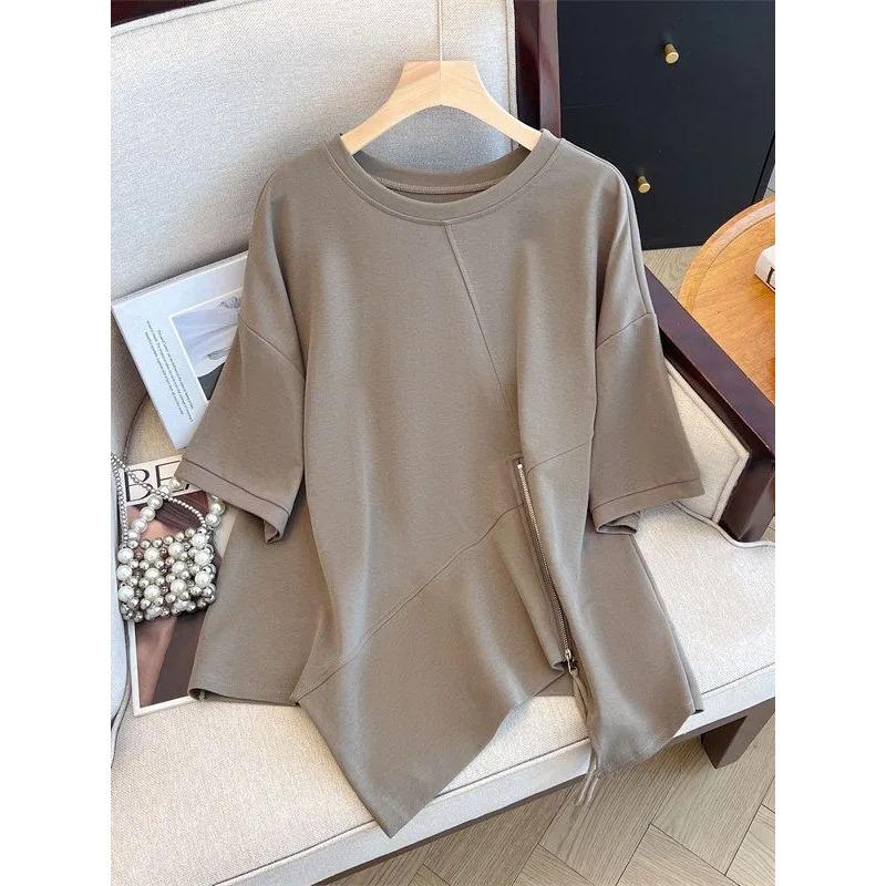 

Round Neck Irregular Zipper Slit Top for Women with Summer Temperament 2XL сірий
