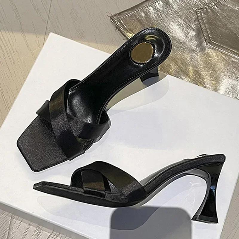 Fashion Fashion Cross Tied Design Brand Slippers Women High Quality Satin Square Toe Slide Sandals Elegant Woman Heels Zapatos De Mujer