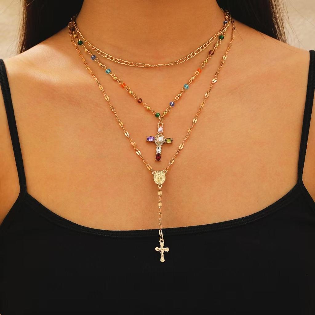 Creative Fashion Sense Colorful Double Layer Cross Pendant Collarbone Chain Y Shaped Tassel Necklace