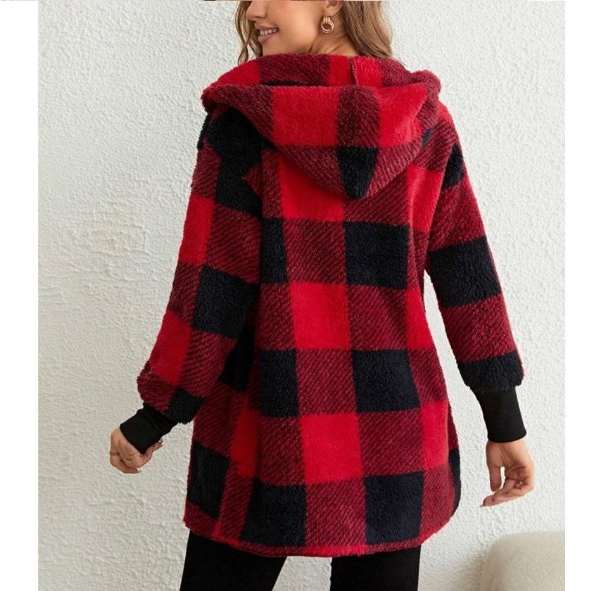 Loose Plaid Color Blocked Plush Cardigan, Fashionable Sweater for Women