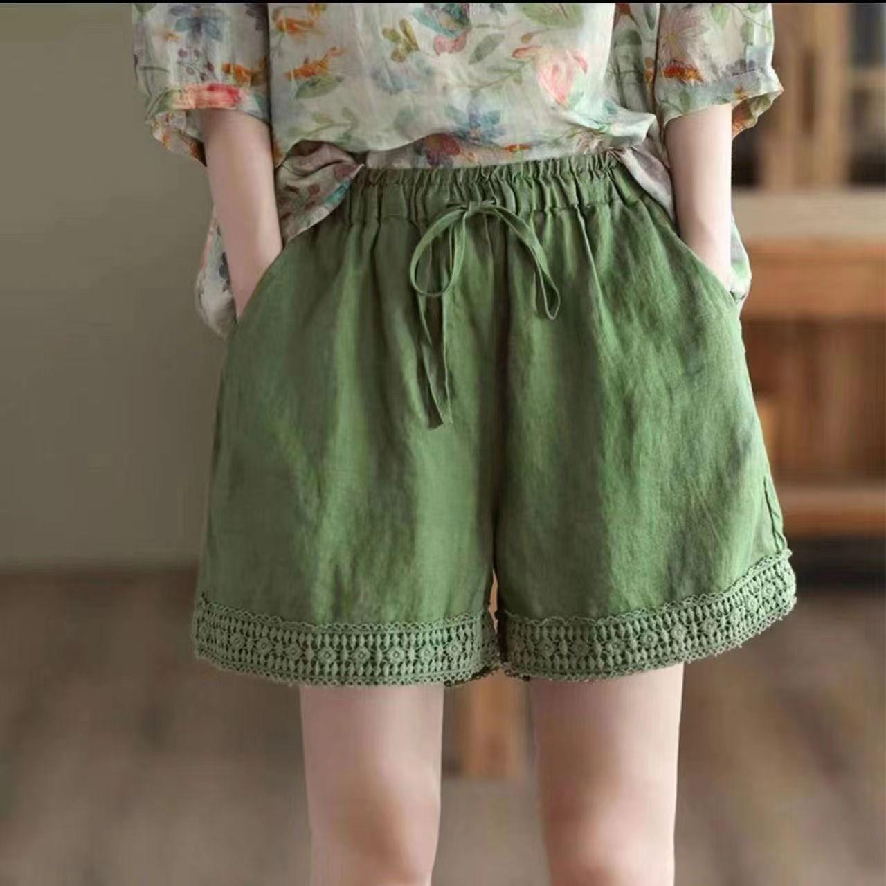 2026 Retro Summer Crochet Lace Cotton Linen Casual Loose Shorts with Pockets 2XL 125-140 jin