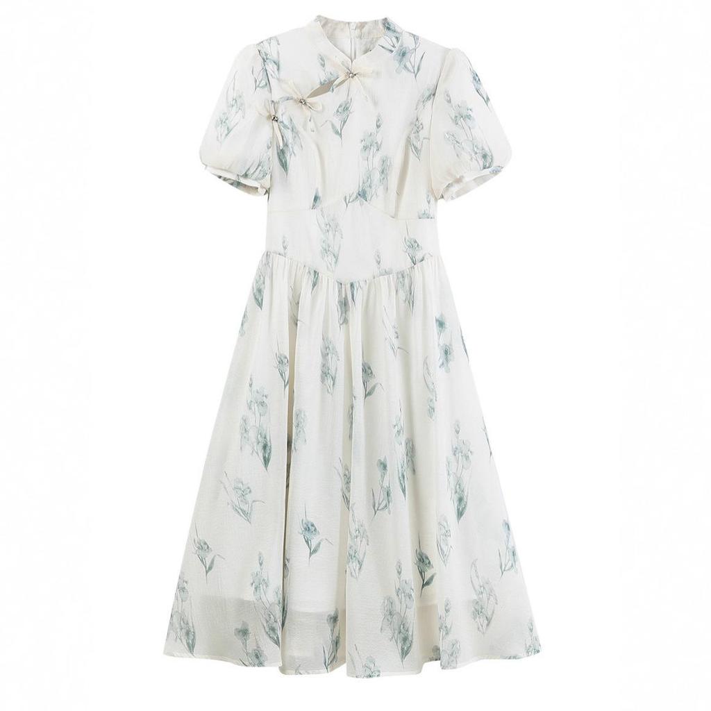 Women's Summer Qipao Dress: Chinese-Inspired Floral Print, Waist-Cinching, Puff Sleeves, Zipper, Mid-Length A-Line