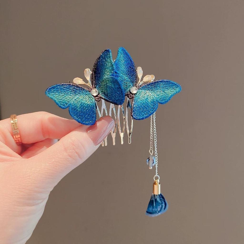 Eleganter blauer bestickter Schmetterling Haarkamm - Antiker Stil Hochsteckfrisur Accessoire