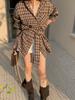 Women's Retro Plaid Long Sleeve Shirt with Tie Waist and Lapel