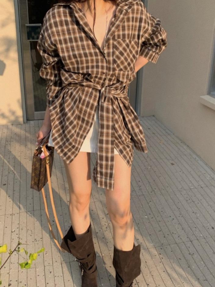Women's Retro Plaid Long Sleeve Shirt with Tie Waist and Lapel