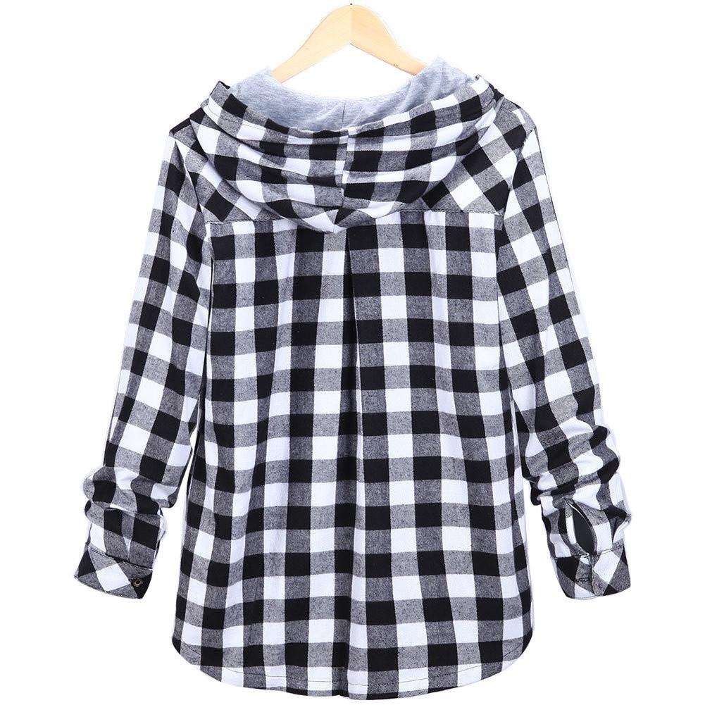 Women's Long Sleeve Plaid Hooded Cardigan Jacket Blouse