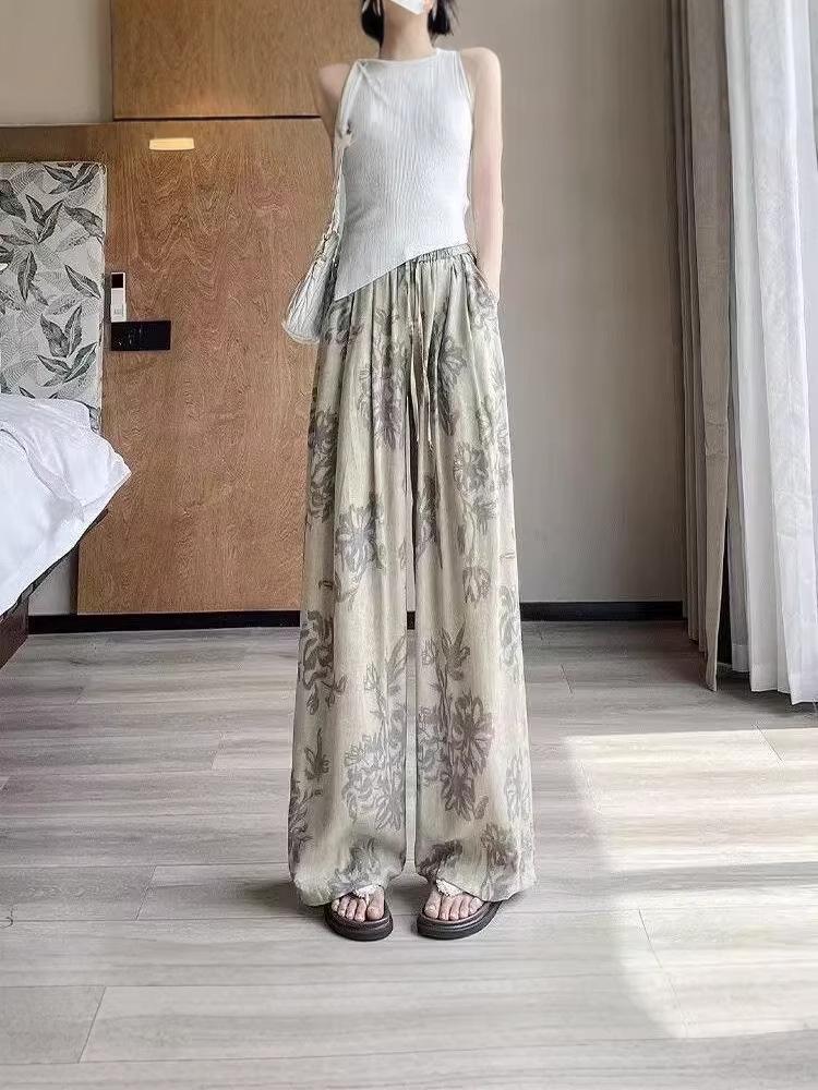 2025 Summer Retro Print High-Waisted Wide-Leg Pants - Slimming, Loose, and Lightweight for Women