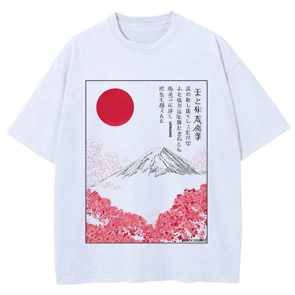 Cotton Mount Fuji Sakura Graphic T Shirt Traditional Japanese Scenery Frame Print Unisex Crew Neck Short Sleeve Streetwear Tee
