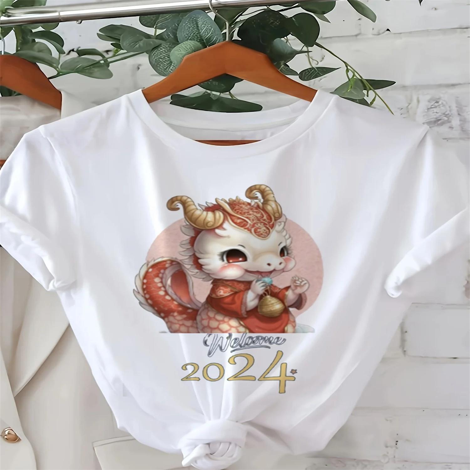Cartoon Dragon Print T-shirt Casual Crew Neck Short Sleeve Women s Clothing Aesthetic Clothes S