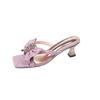 Wearing Square Head Cool Slippers for Women's Summer New Colored Diamond Bow High Heel Cool Slippers for Women