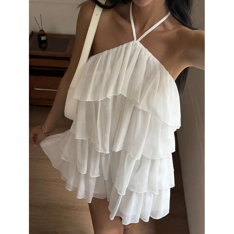 European summer new neck chiffon temperament short cake skirt off-the-shoulder sleeveless dress women